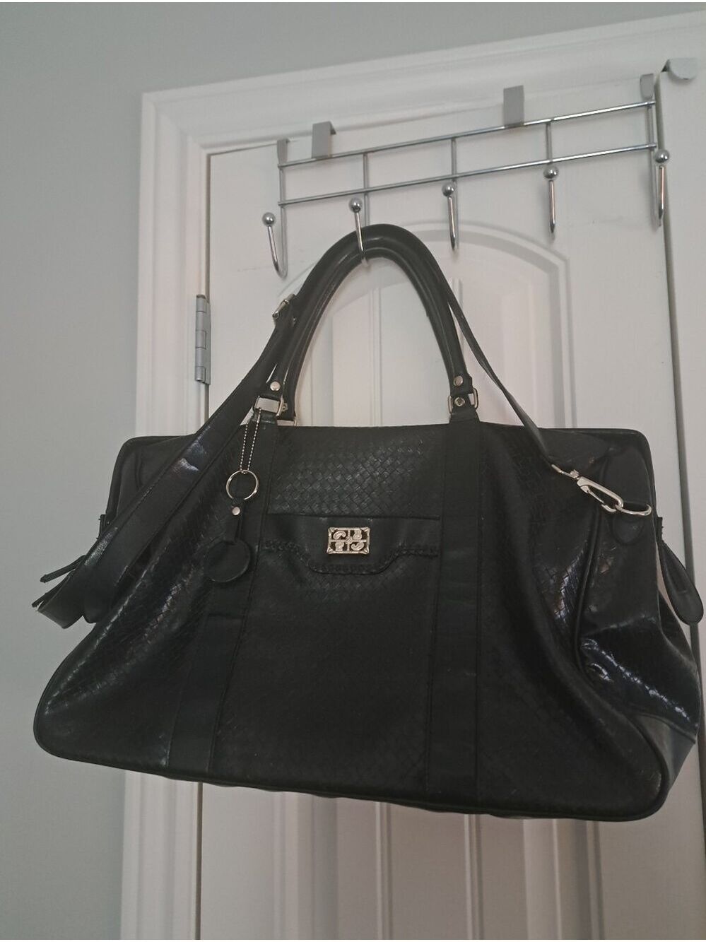 BUENO Black Textured faux Croc overnight travel bag luggage tote shoulder strap